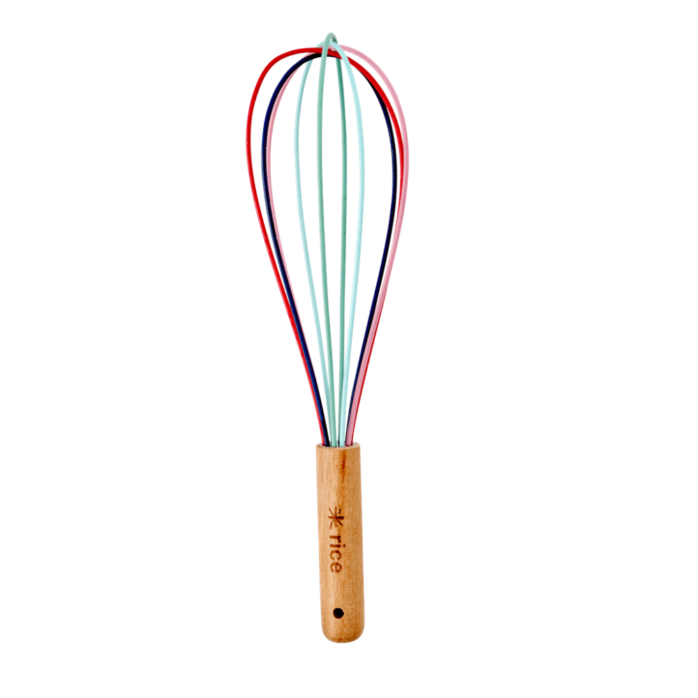 Large Whisk Wooden Handle Colourful Silicone Head Rice DK